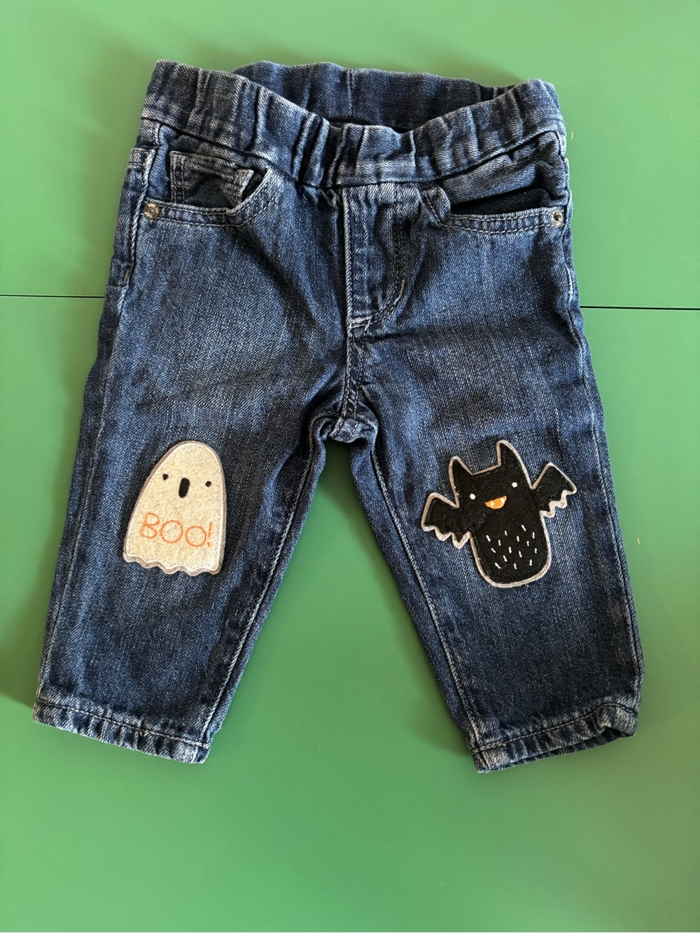 GAP Dark Blue Denim Jeans Halloween Ghost & Bat Knee Patches 6-12 months
